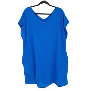 ABACÁ V-Neck Tunic Top Dress 100% Cotton Lagenlook Beach Blue Women's Size L XL